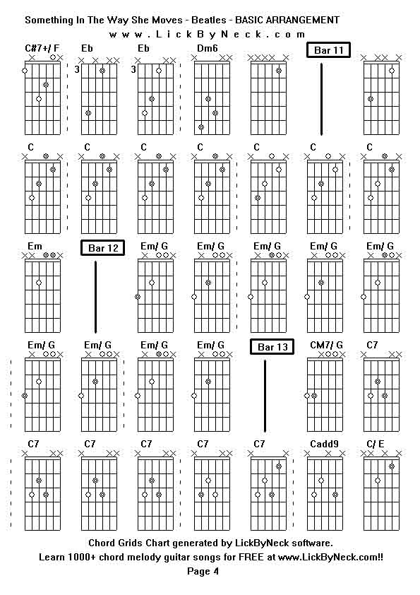 Chord Grids Chart of chord melody fingerstyle guitar song-Something In The Way She Moves - Beatles - BASIC ARRANGEMENT,generated by LickByNeck software.